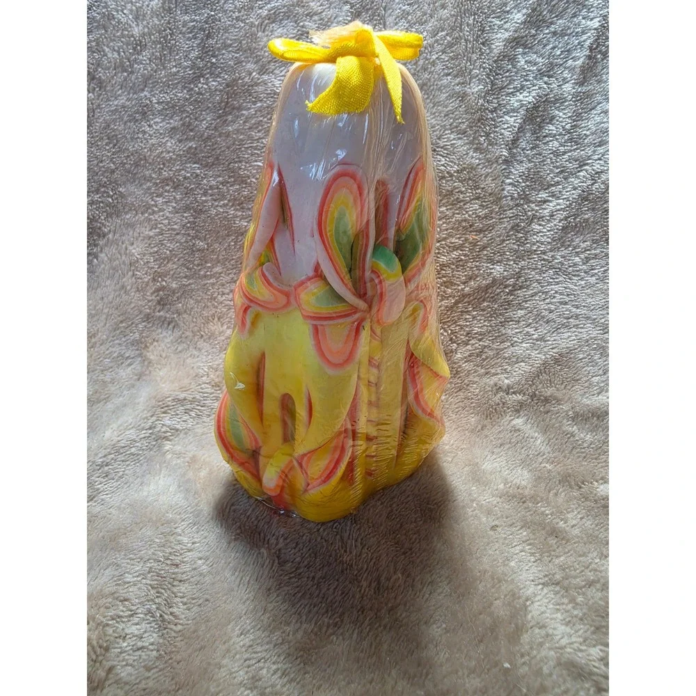 Vintage Hand Carved Pillar Candle Yellow Pink Green Layered Ribbon Wax Art Decor